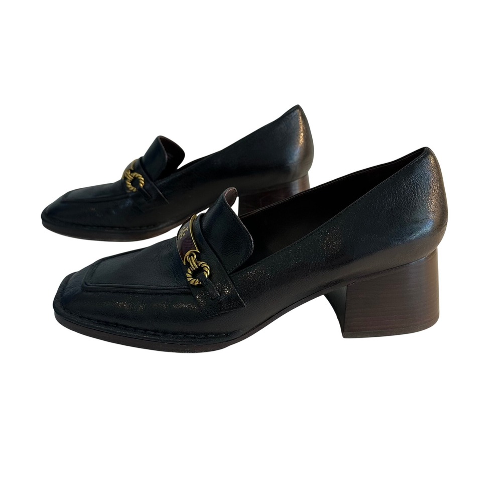 Tory‎ Burch Perrine Loafer Pump Size 10 Black Leather Block Heel Square Toe Logo